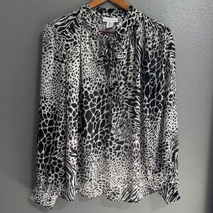 Cupcakes and Cashmere Collection Black and White Animal-Print Tie-Neck Blouse